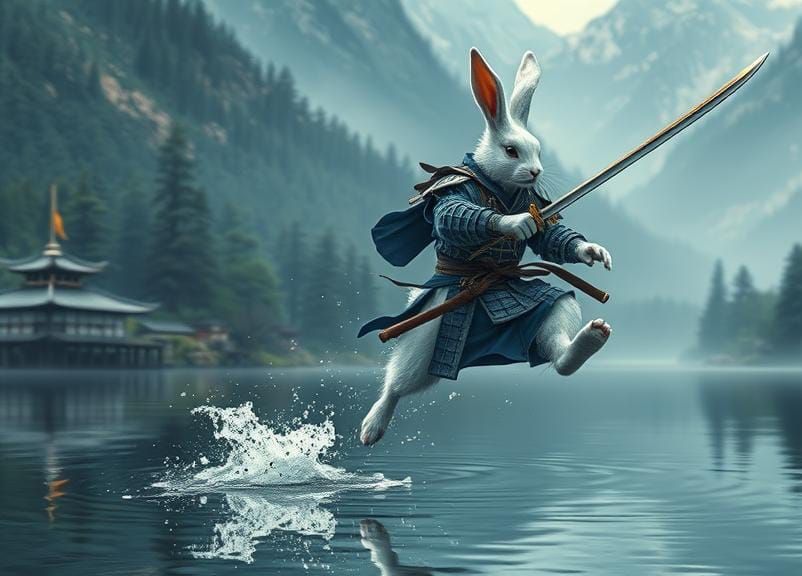 Samurai Bunny Leaps Across Lake: Photorealistic Illustration
