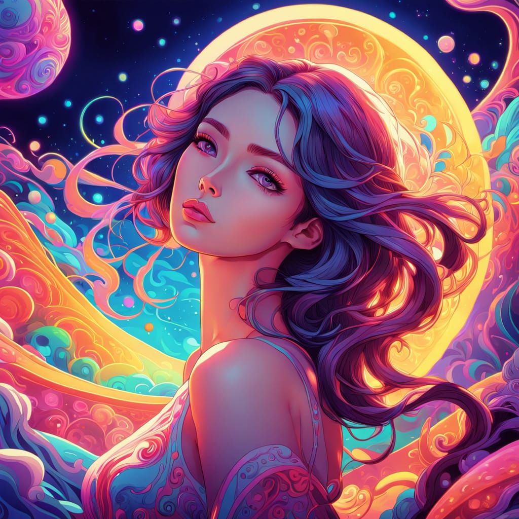 Psychedelic Anime Woman in Dreamlike World
