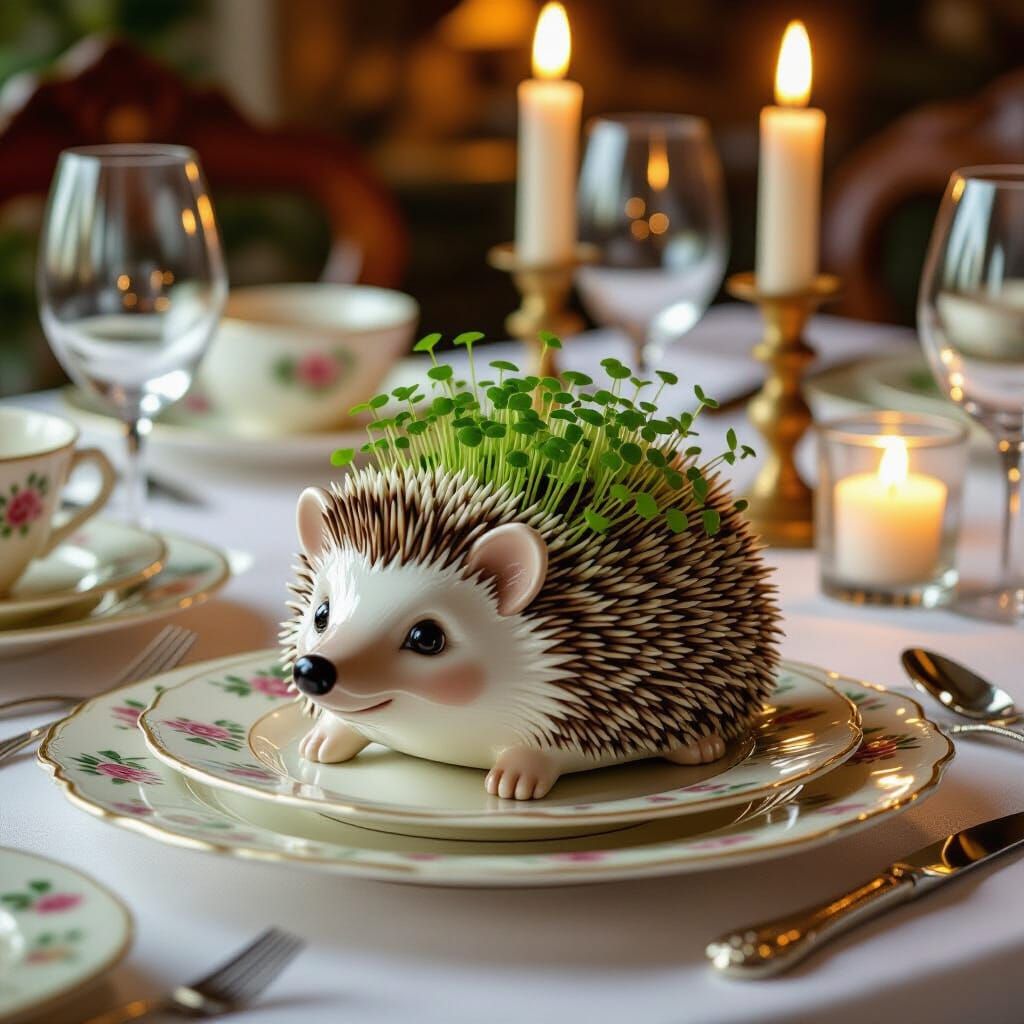 Ceramic Cress Hedgehog on Romantic Dinner Table