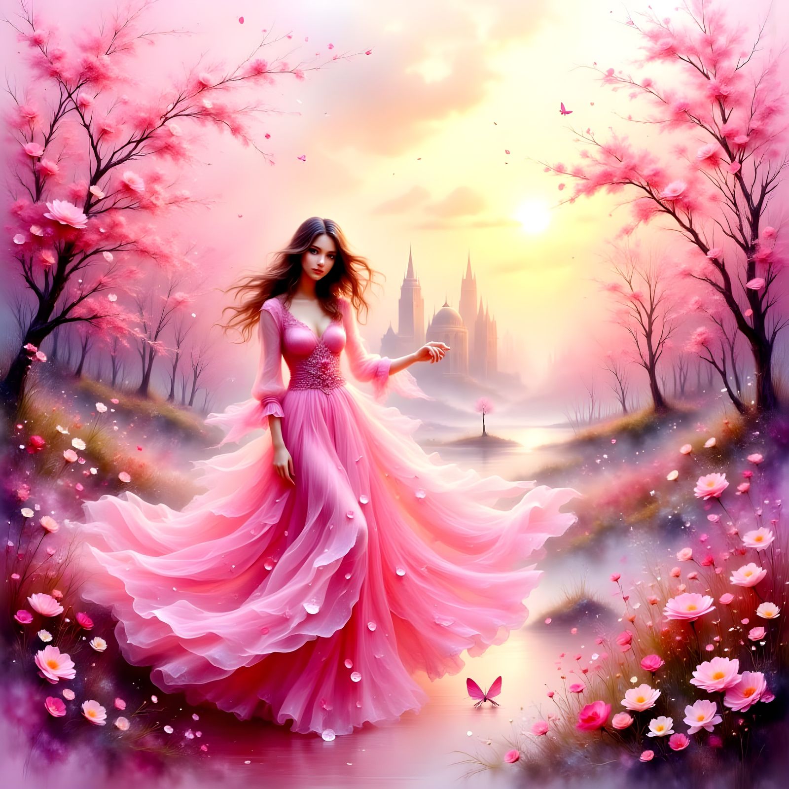 Pink Fantasy: Woman in Harmony with Nature
