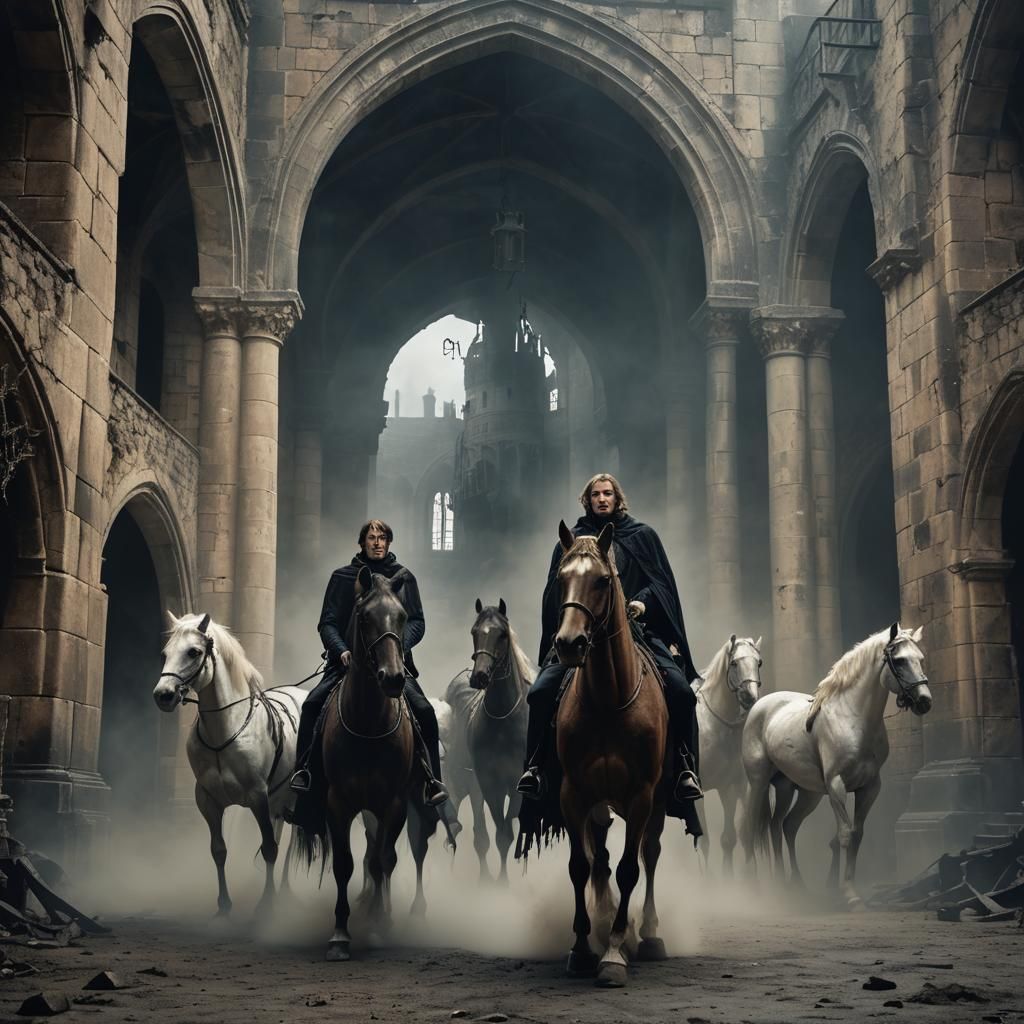 Gothic King Hamlet Amidst Ghostly Barbary Horses in Mysterio...