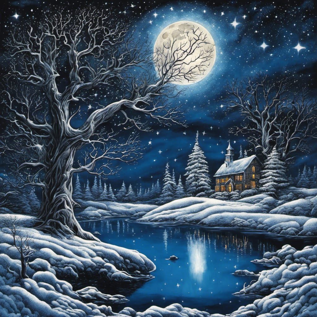 Gothic Winter Oak Tree in Tim Burton Style