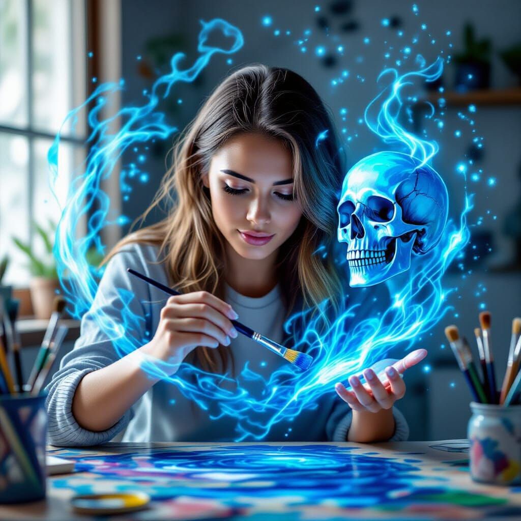 Female Artist Paints Skull with Blue Magic