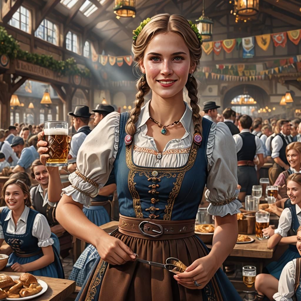 Oktoberfest Waitress in Dirndl: Detailed Digital Painting