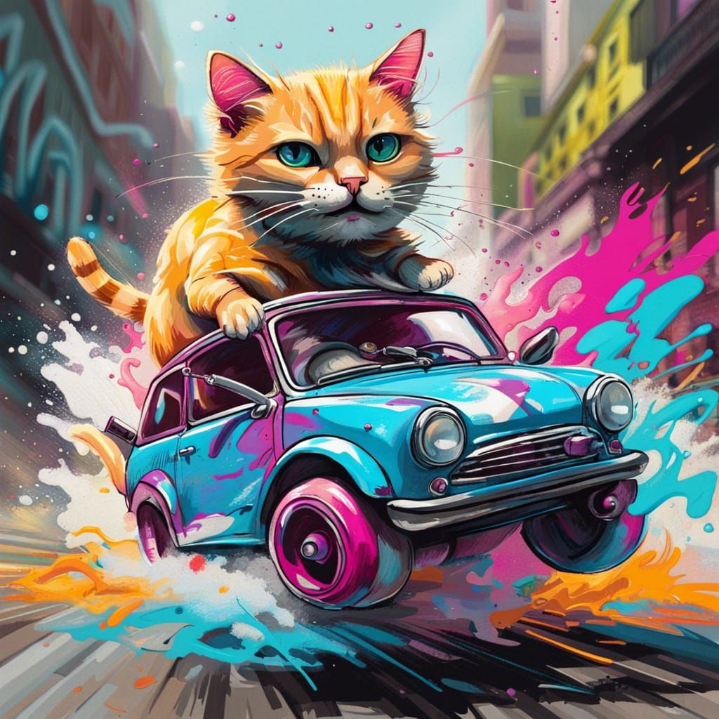 Cat in Mini Car: Fast and Furious Graffiti Art