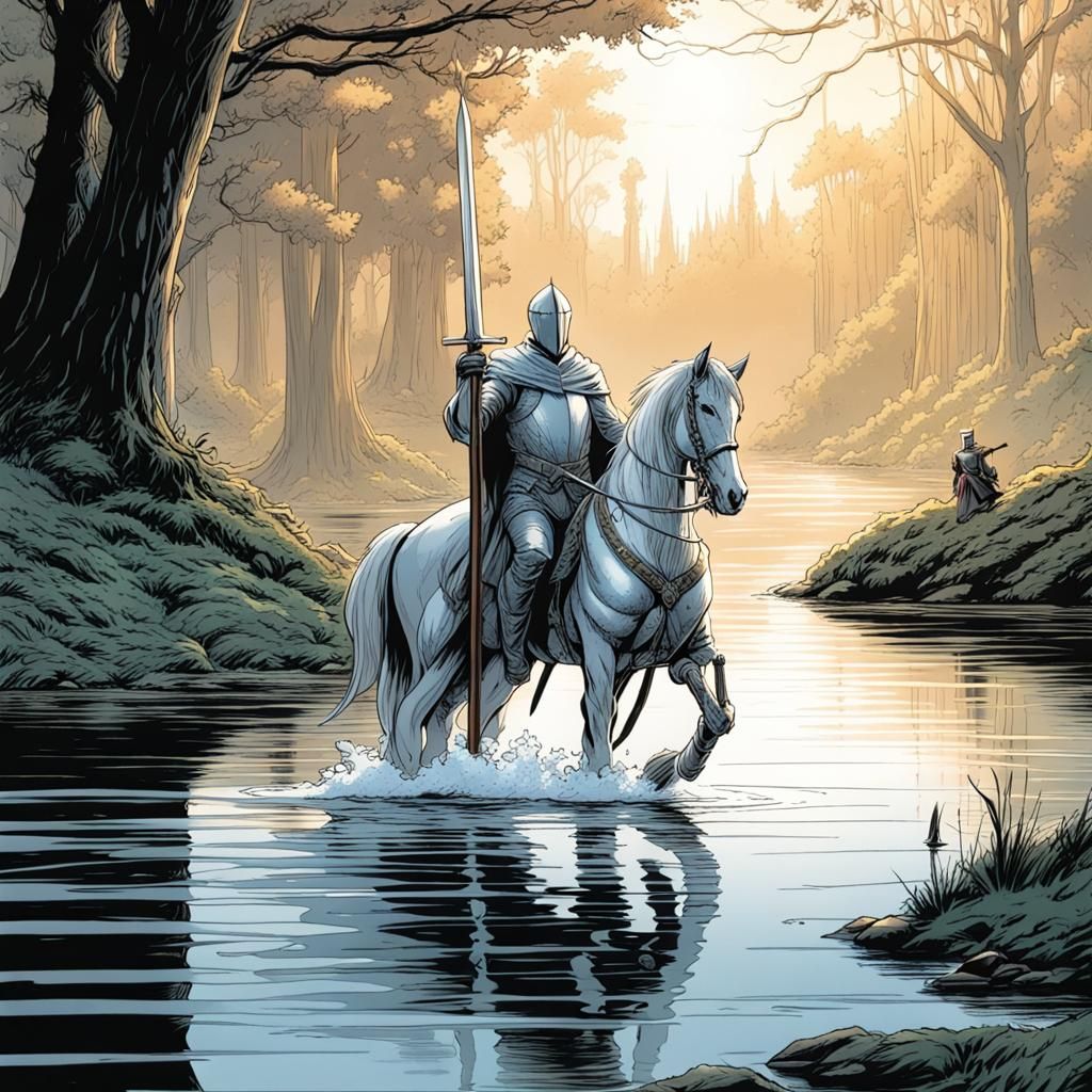 Sir Bedivere Returns Excalibur: Comic Book Art
