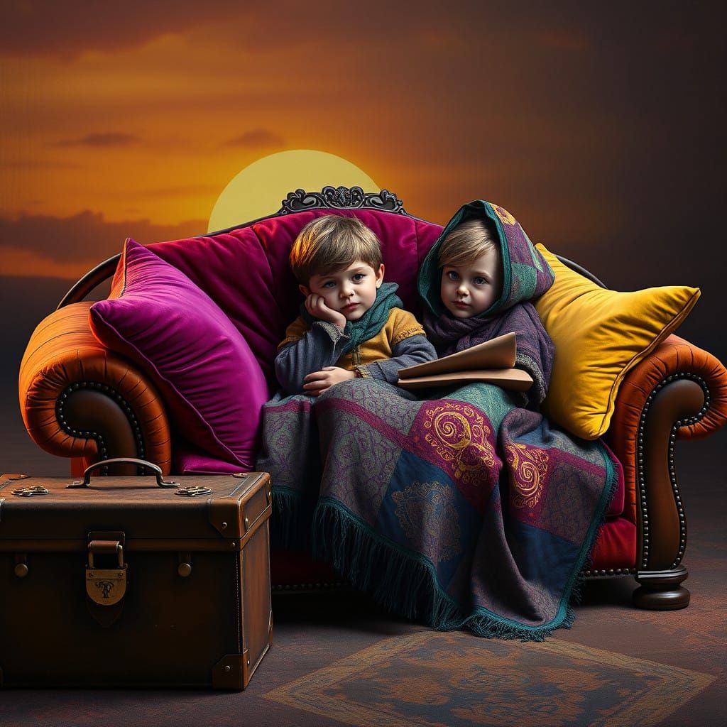 Cozy Sofa Scene with Children and Leather Suitcase in Jewel-...