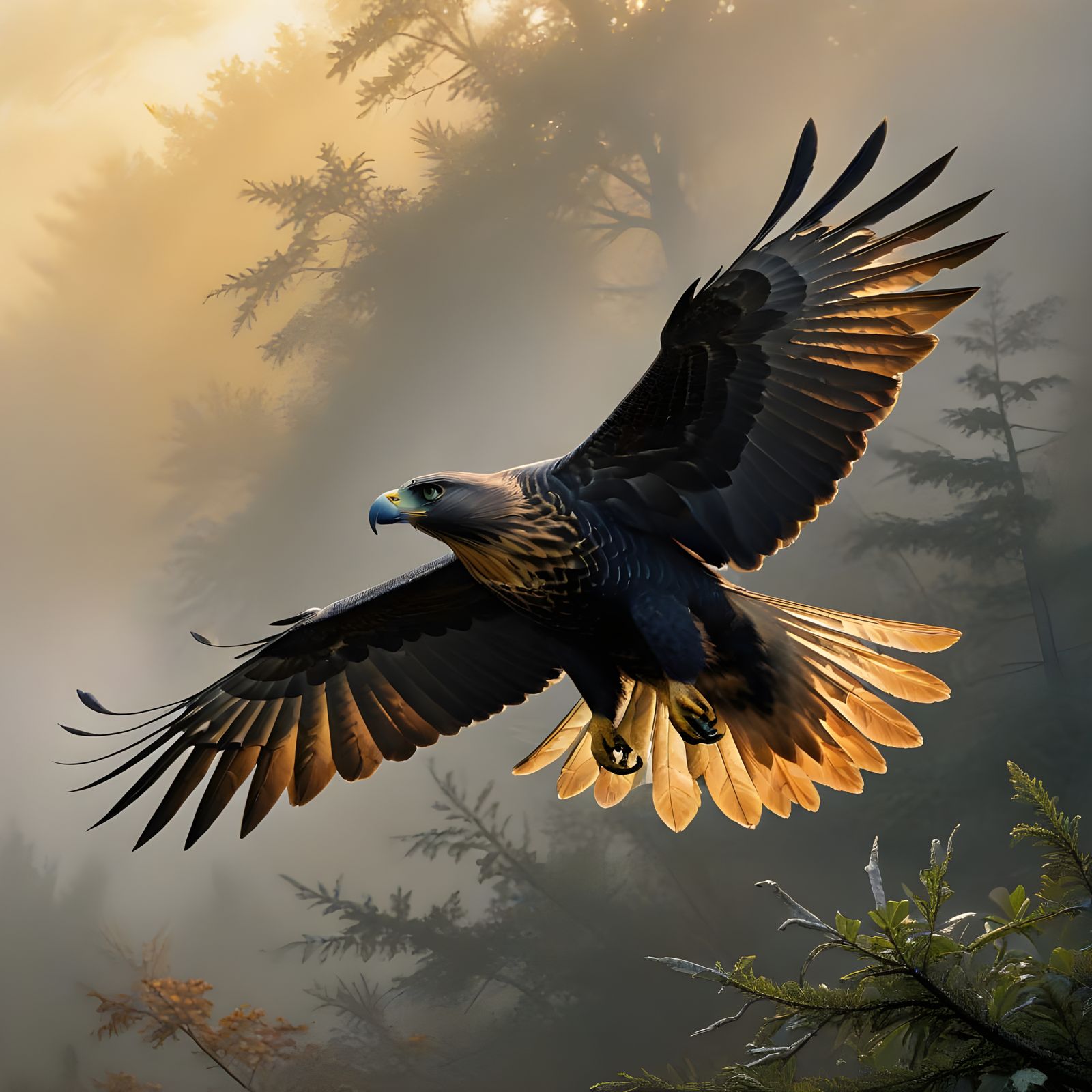 Majestic Black Hawk Soars Through Golden Mist