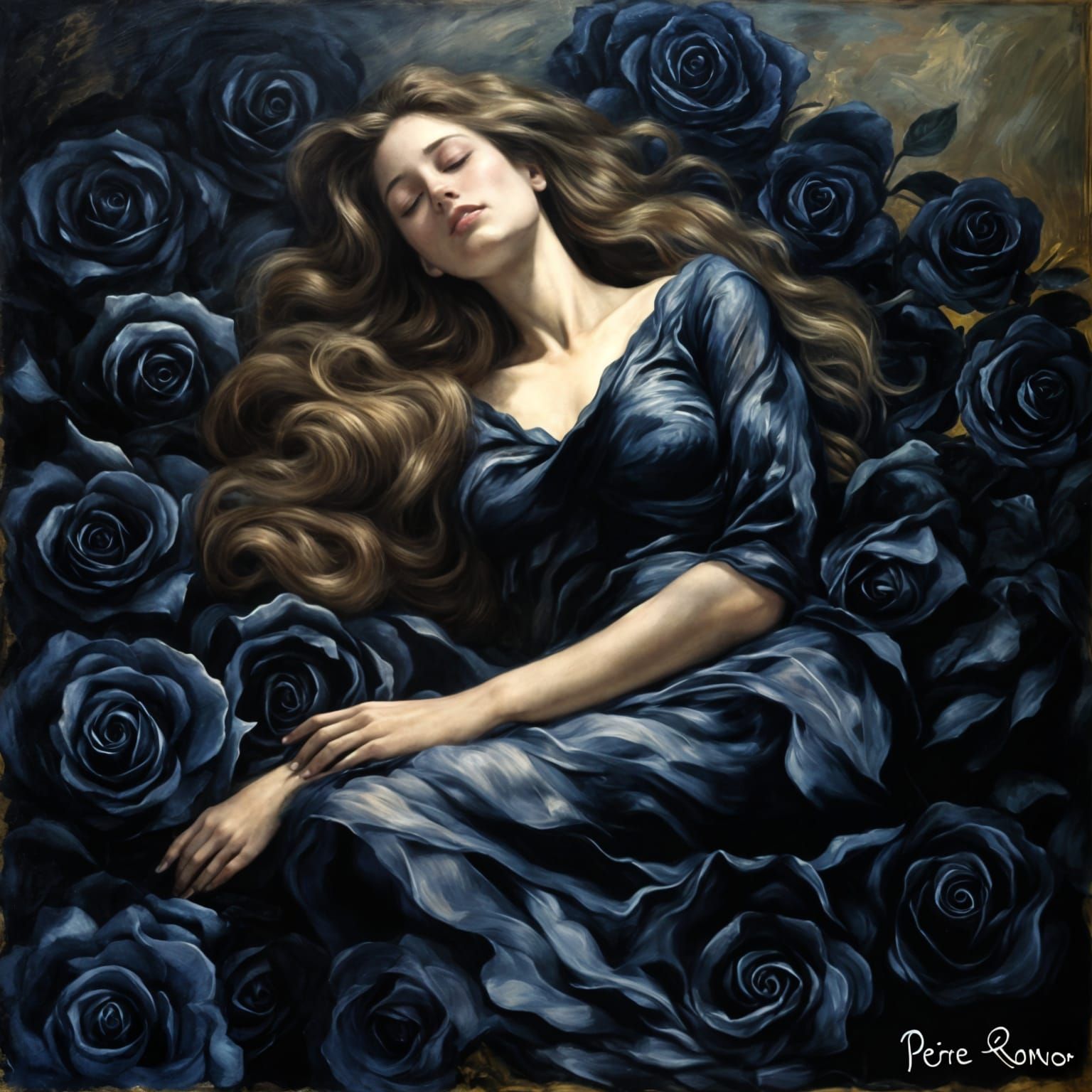 Woman on Black Roses as Impressionist Oil Painting