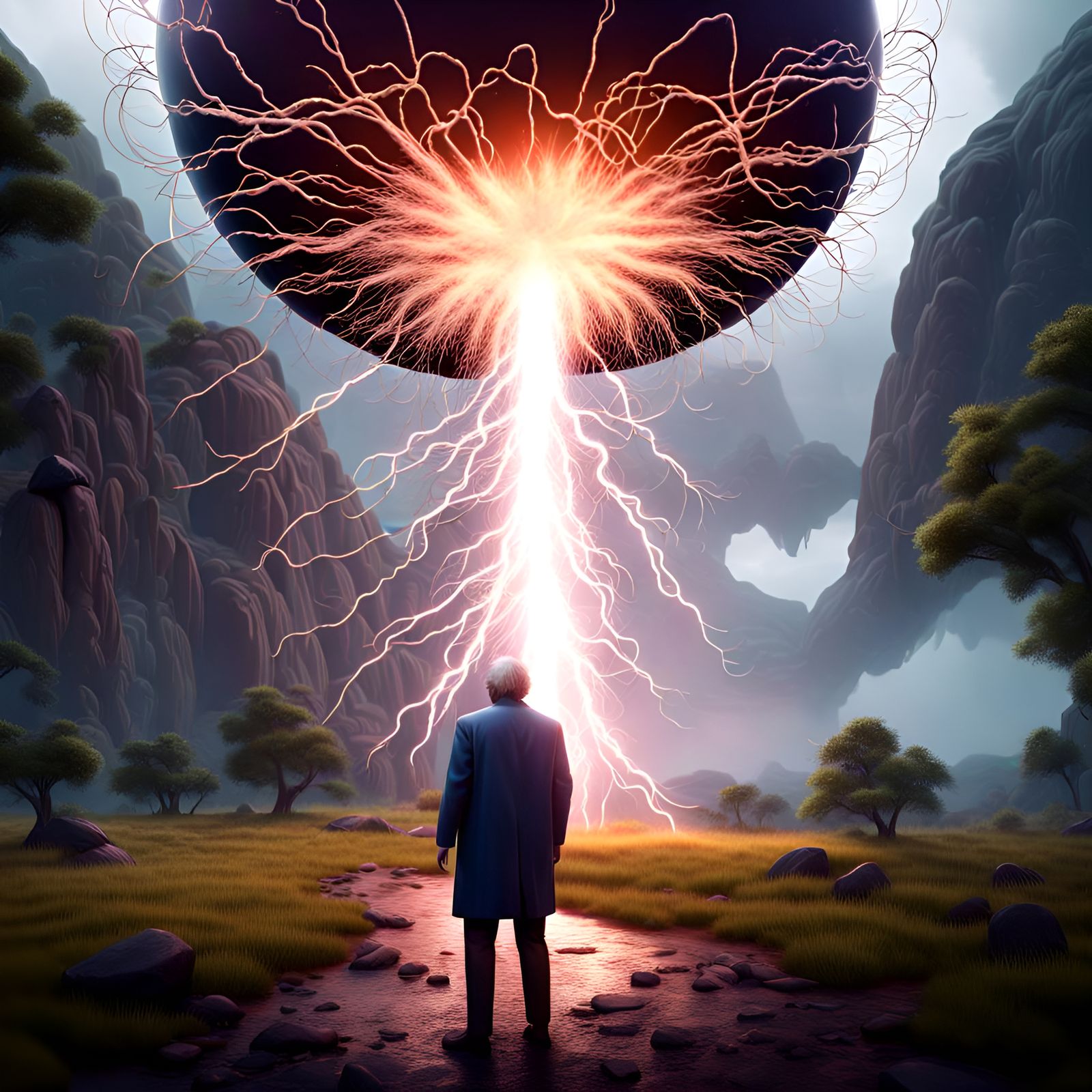 Scientist and an early Van de graaf generator producing static electricity