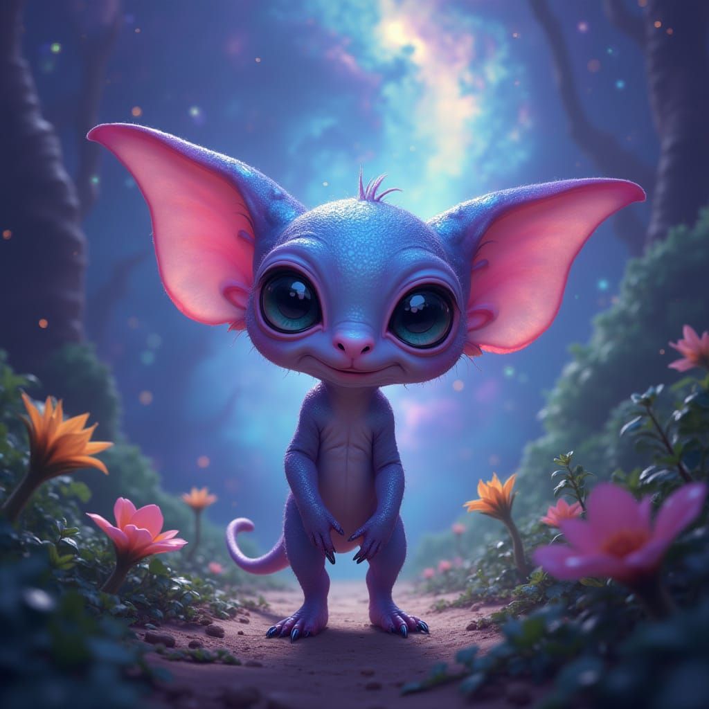 Cute Alien in Bioluminescent Jungle Under Nebula Sky