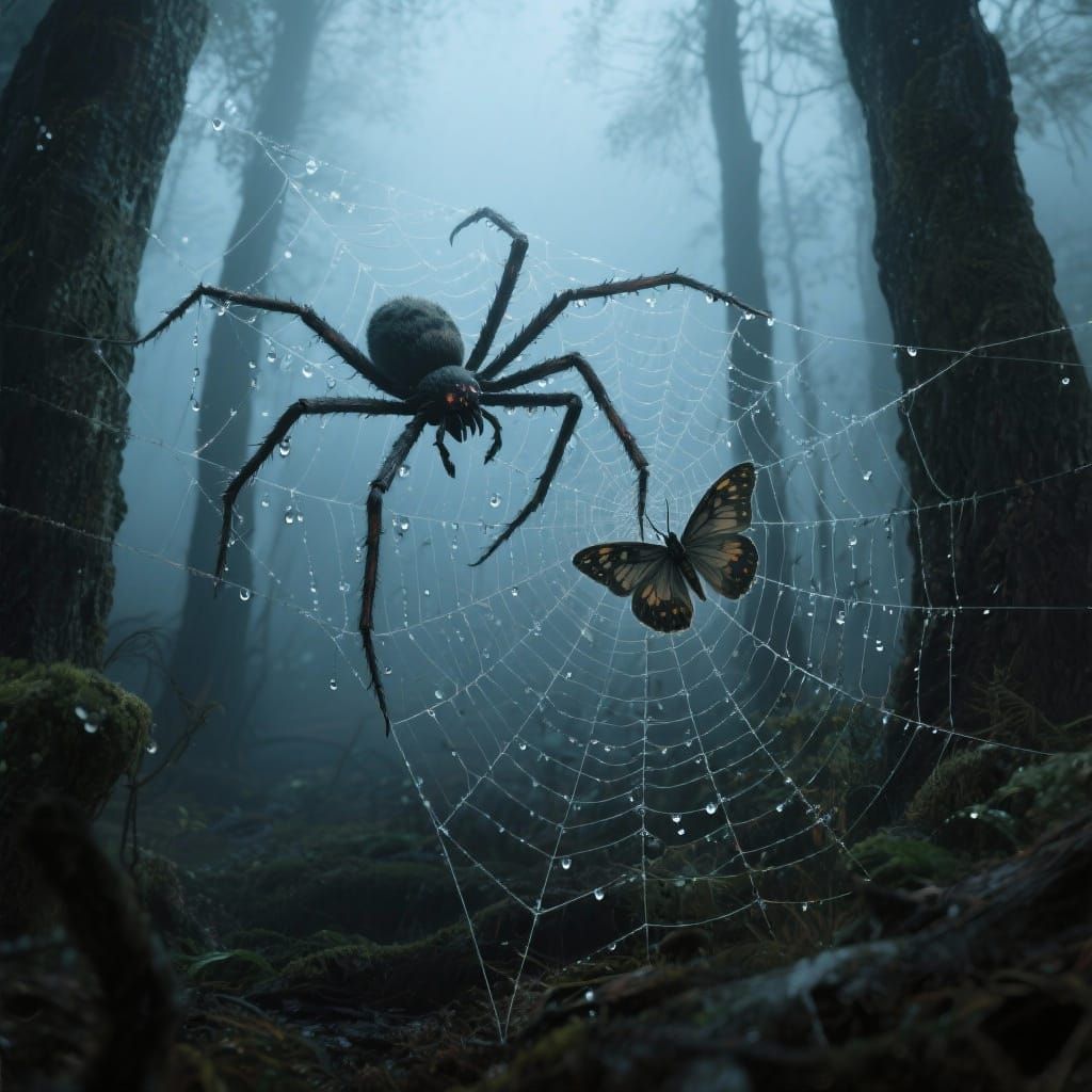 Eerie Forest Spider Stalks Moth in Dew-Kissed Web