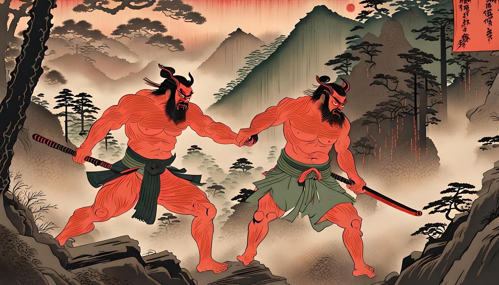 Samurai vs Oni: Ukiyo-e Style Battle Scene