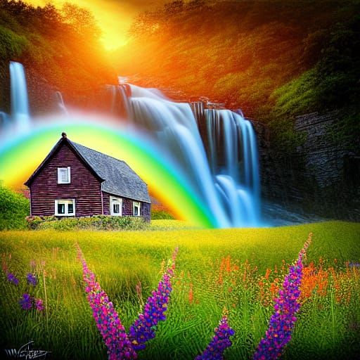 Idyllic Cottagecore Landscape with Rainbow Waterfalls