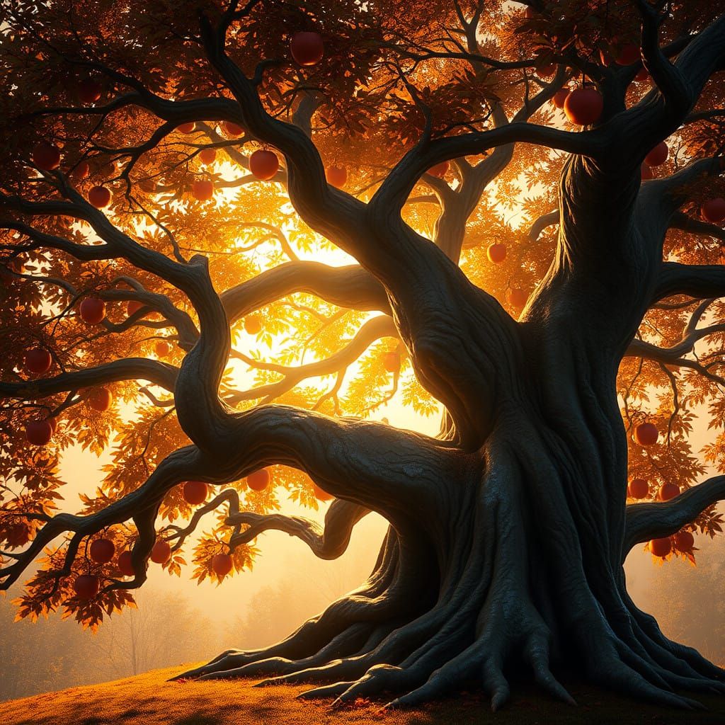 Majestic Autumn Tree with Vibrant Leaves and Ripe Apples