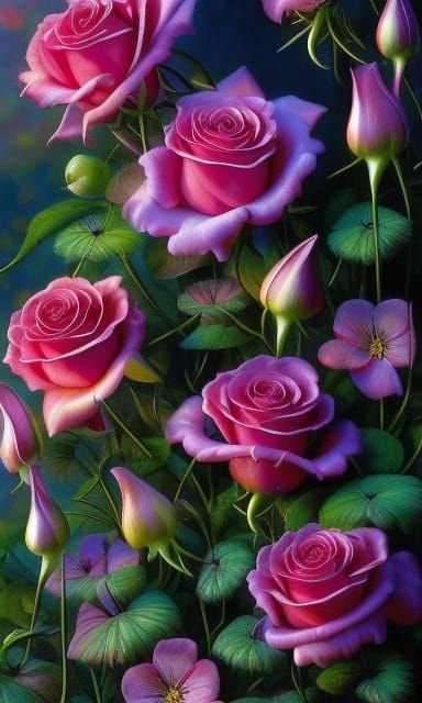 Lush Rose Flowers with Dew Drops in Hyperrealism