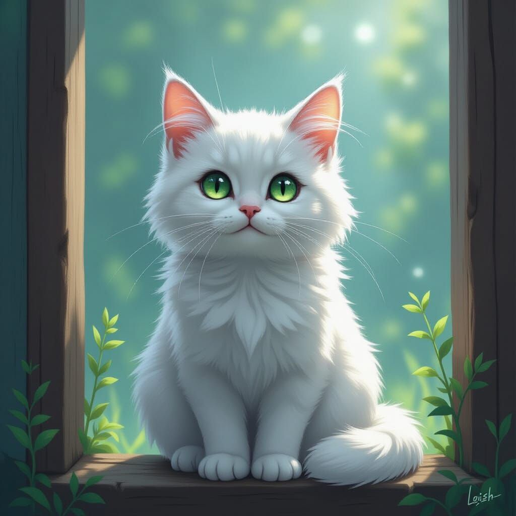 Realistic White Cat with Green Eyes, Digital Painting