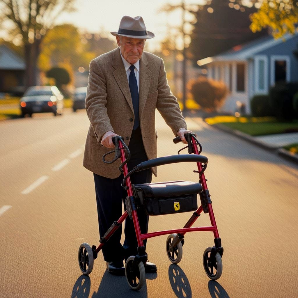 Elderly Man with Rollator in Kelly Freas Style
