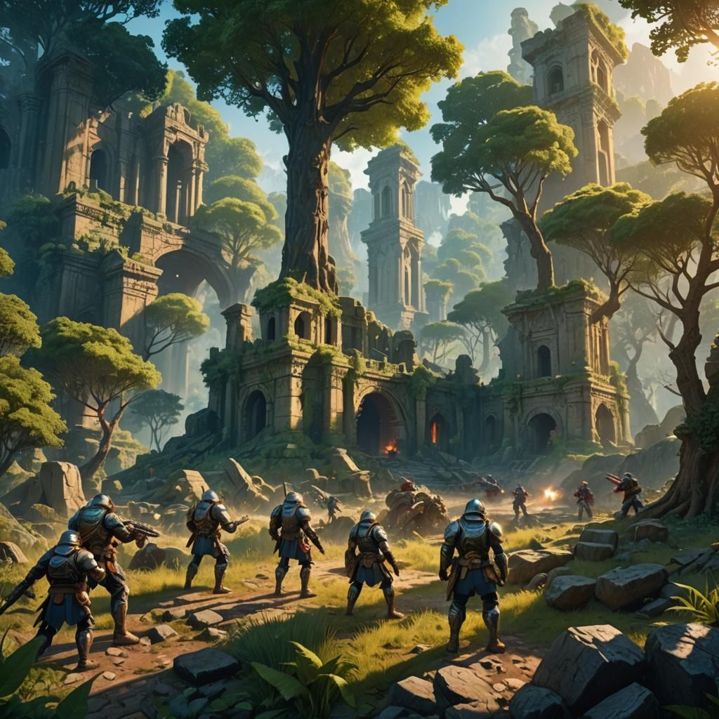 Epic Fantasy Battle Scene in Lush Landscape