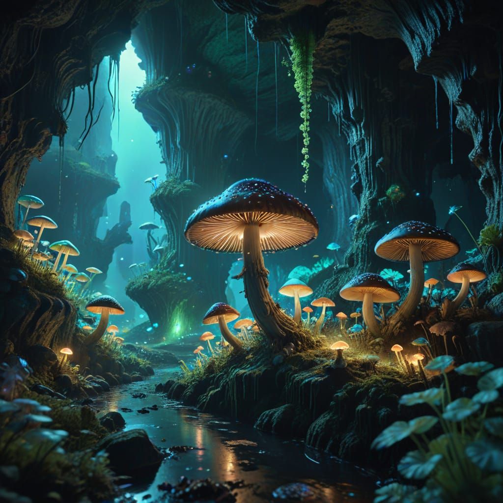 Bioluminescent Mushroom Cityscape in Fantasy Art Style