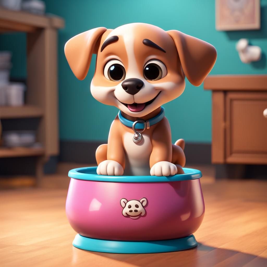 Happy Chibi Puppy with Bowl, 3D Digital Art