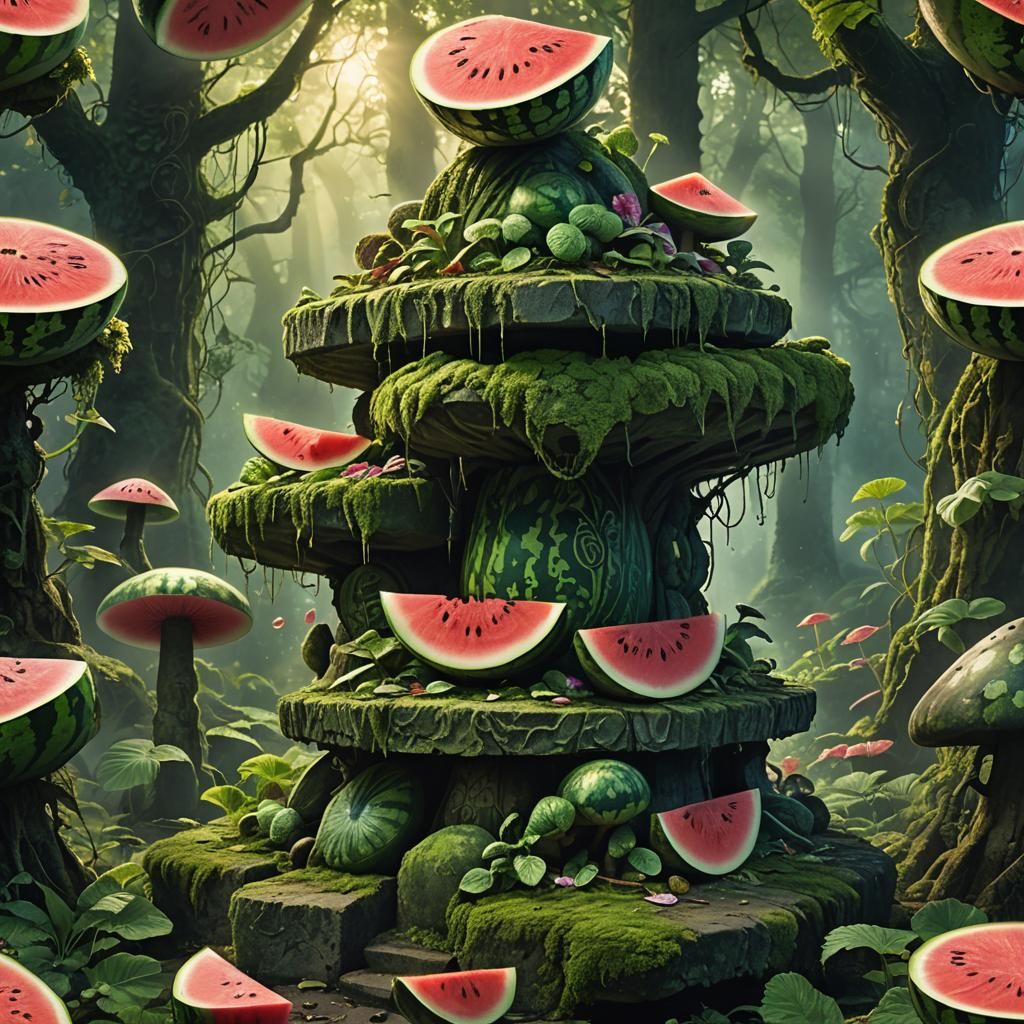 Glowing Watermelon in Mystical Forest, Hyperrealistic Digita...