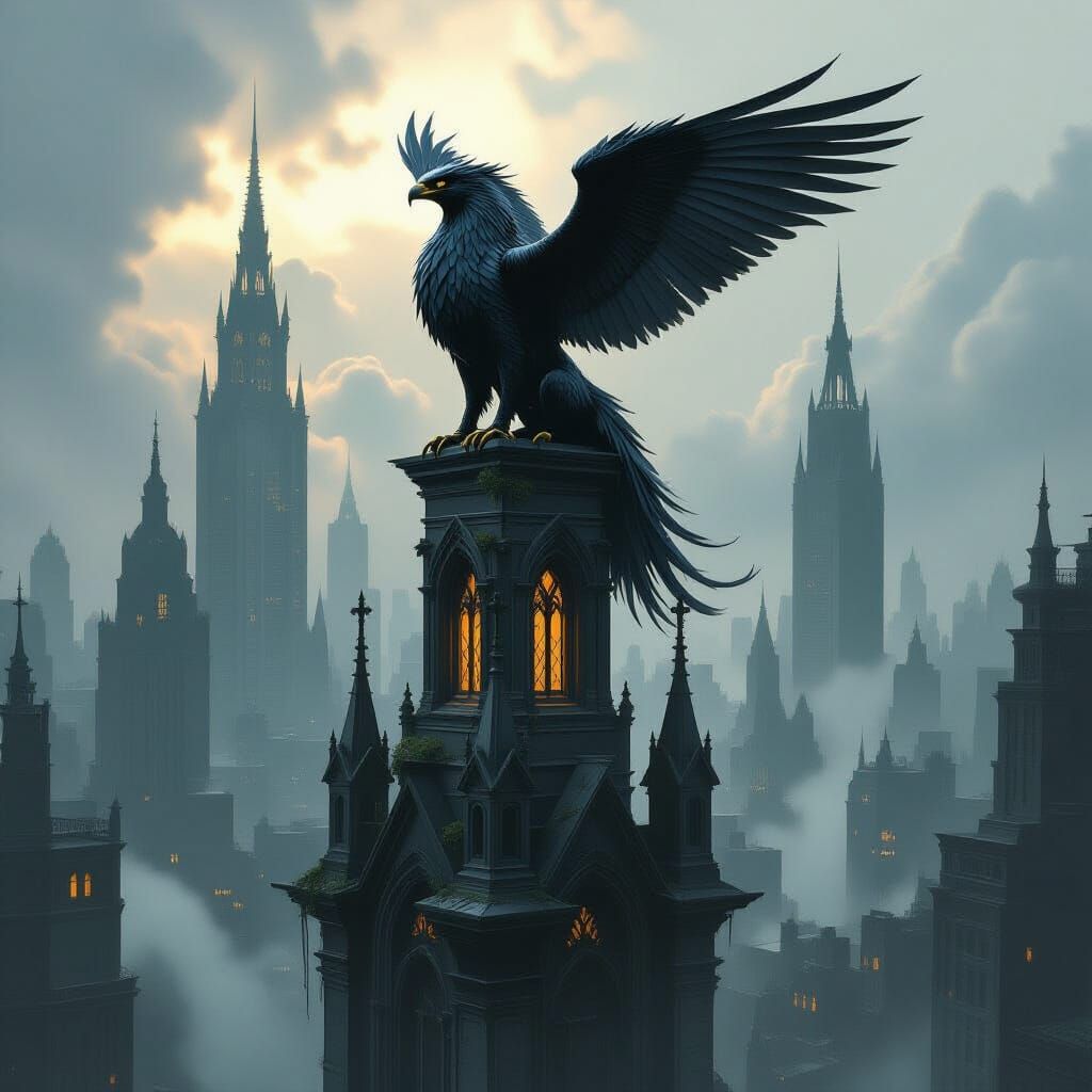 Gryphon on Gothic Spire Above Art Deco Cityscape