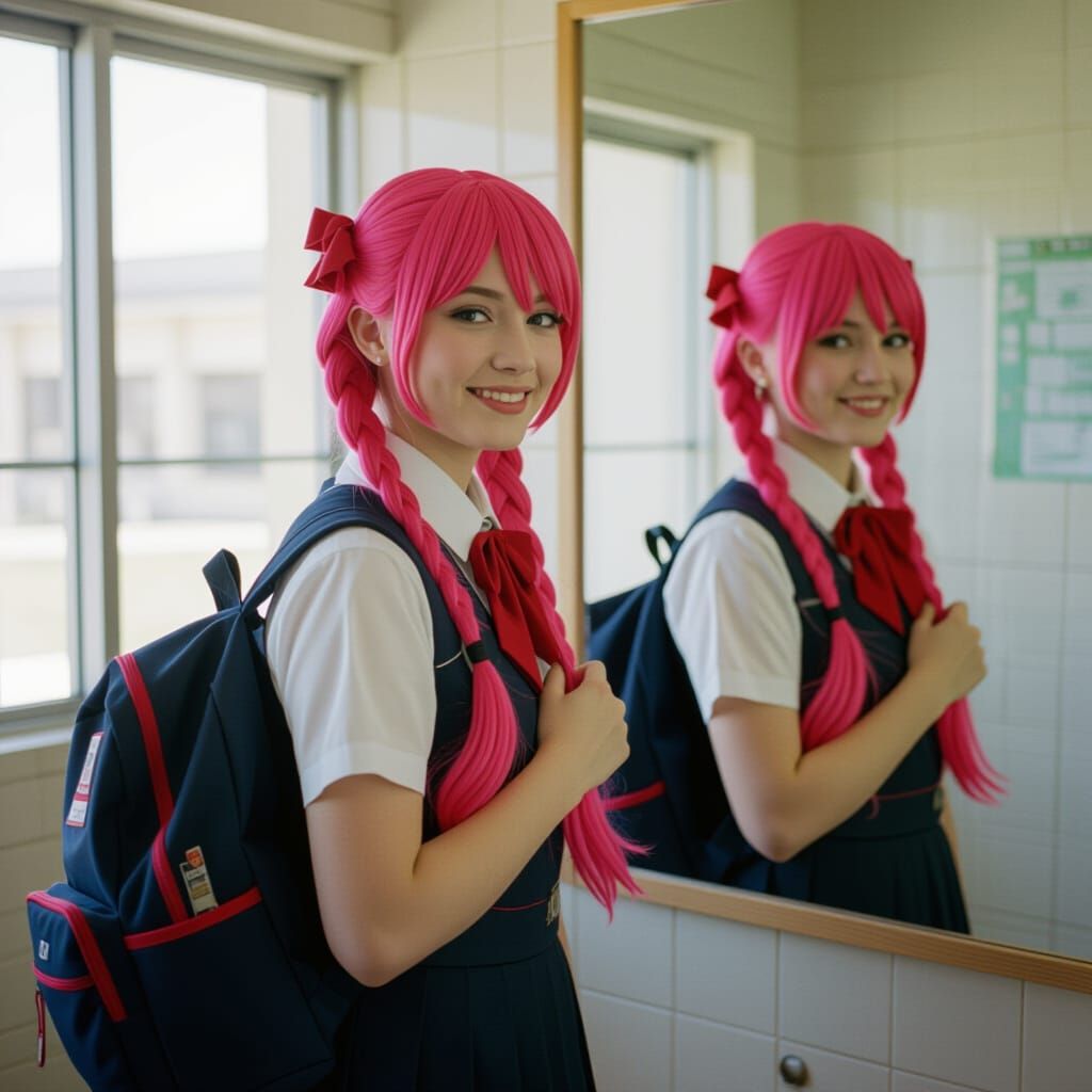 Young Woman with Pink Hair in School Uniform