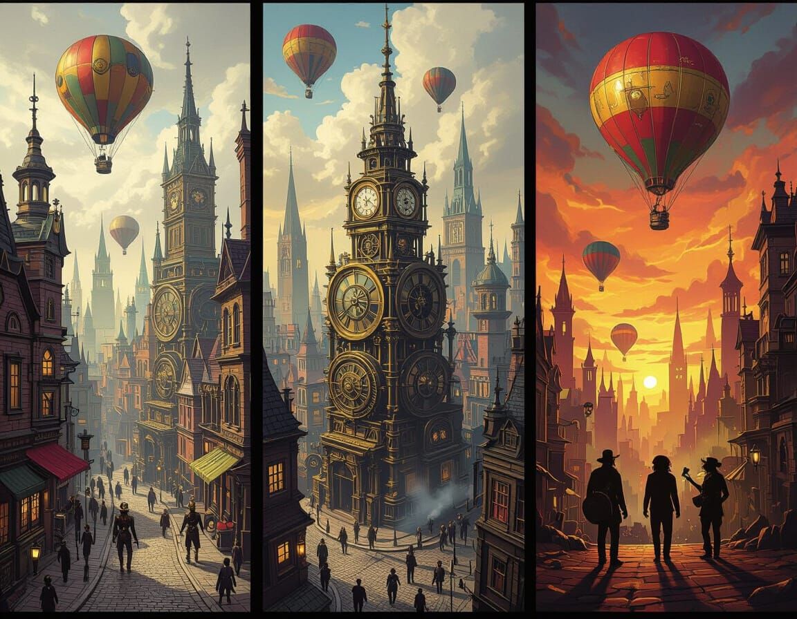 AI Generated Triptych: Steampunk City, Abstract Expressionis...