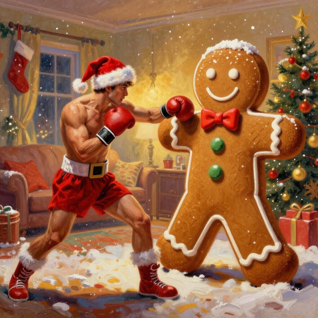 Boxer Fights Gingerbread Man in Snowy Christmas Scene