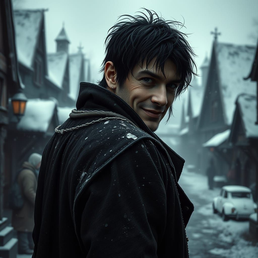 Charismatic Warlock in Snowy Medieval Town