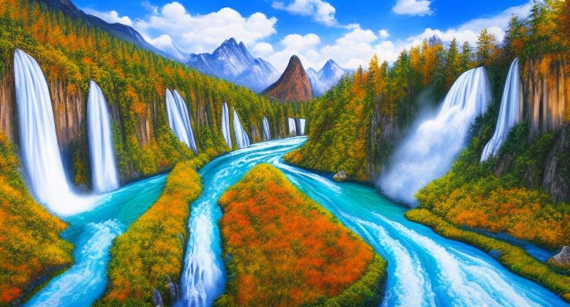 Landscape Painting of Mountains, River and Waterfall