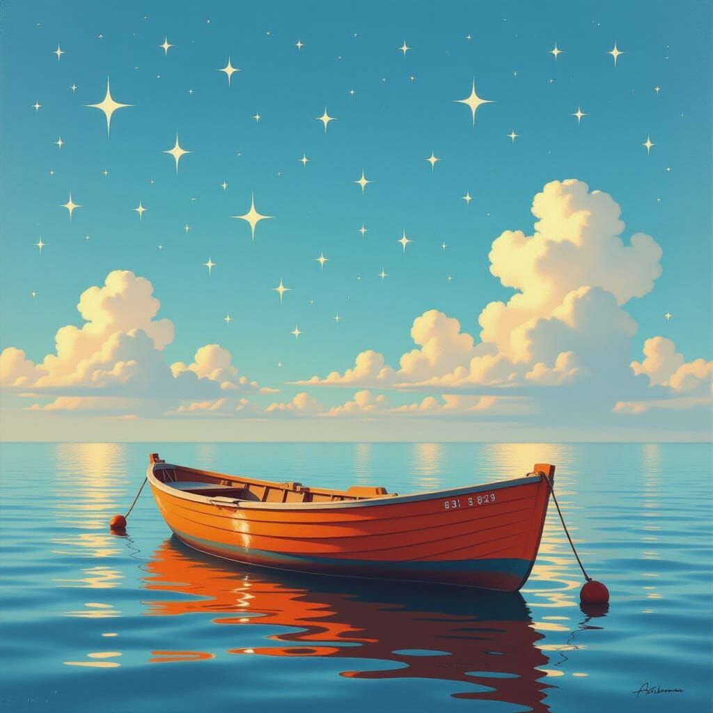 Serene Orange Boat Under Starry Afternoon Sky