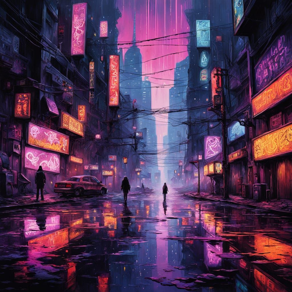 Cyberpunk Metropolis at Sunset in Deep Crimson and Violet Hu...
