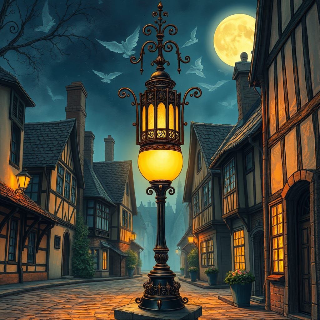 Ornate Lamp Illuminates Medieval Street, Digital Art