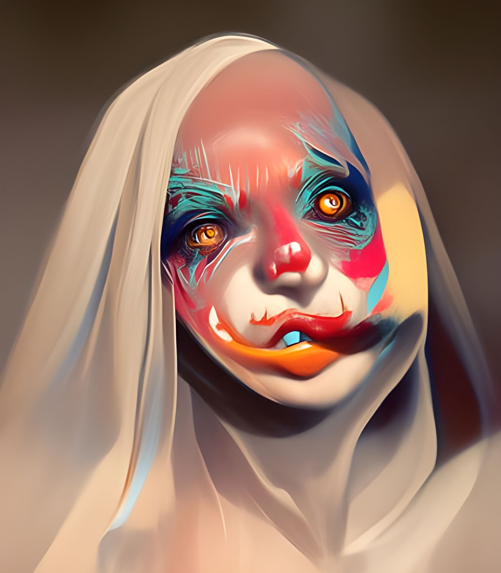 Ethereal Girl with Clowns in Cyberpunk Gouache Style