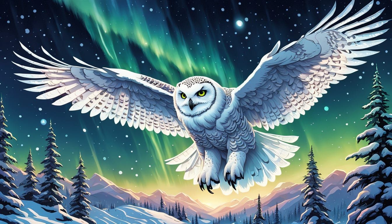 Snow Owl Glides Under Northern Lights: Comic Book Art