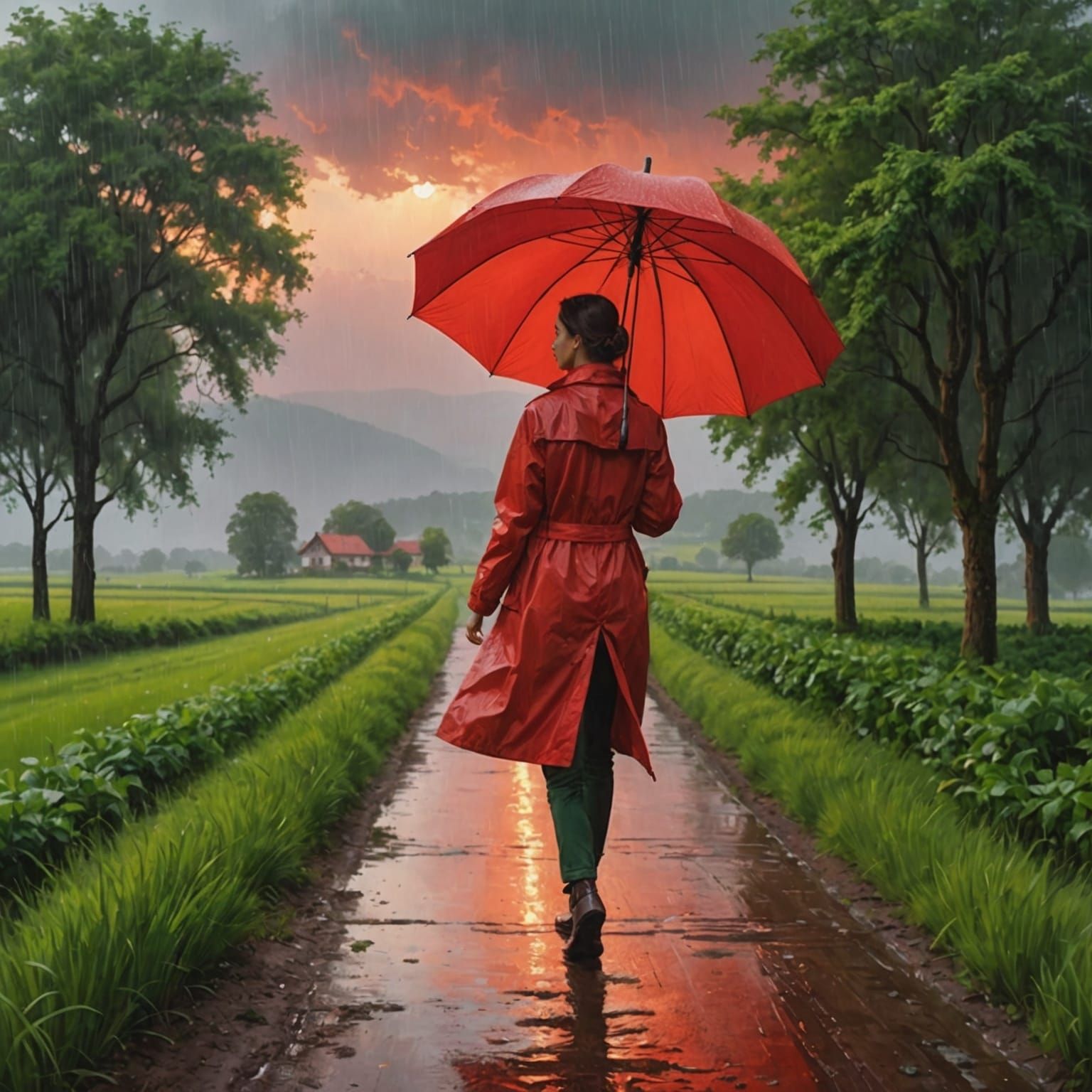 Hyperrealistic Woman in Red Raincoat at Sunset
