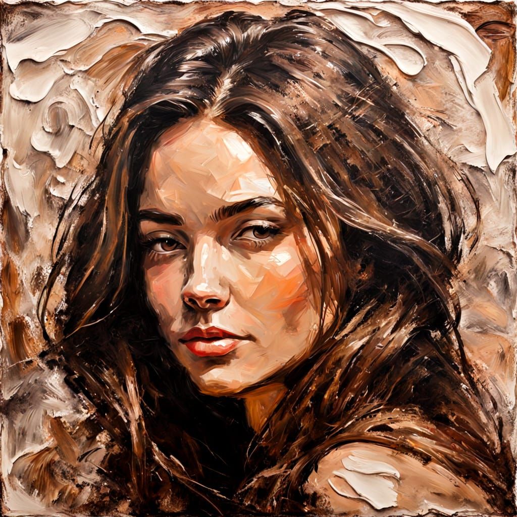 Woman Portrait with Long Hair in Impasto Encaustic Style
