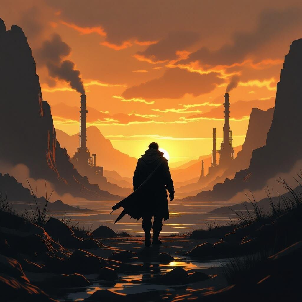 Determined Figure Triumphs Over Turbulent Landscape