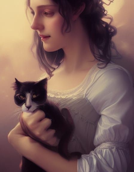 Victorian Lady with Cat: Detailed Portrait