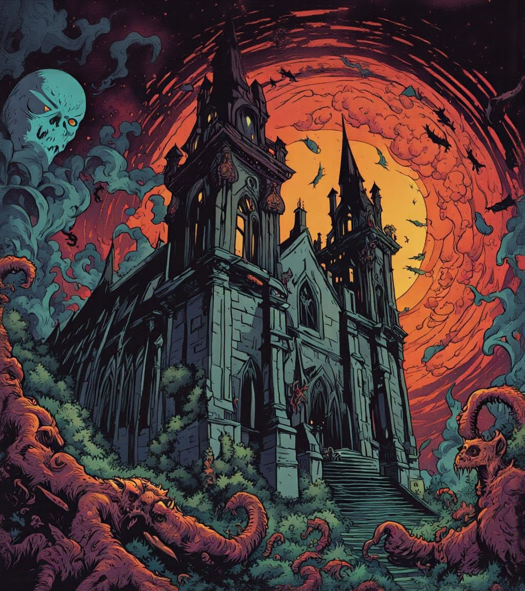 Grotesque Demon in Haunted Cathedral, Mignola Comic Style