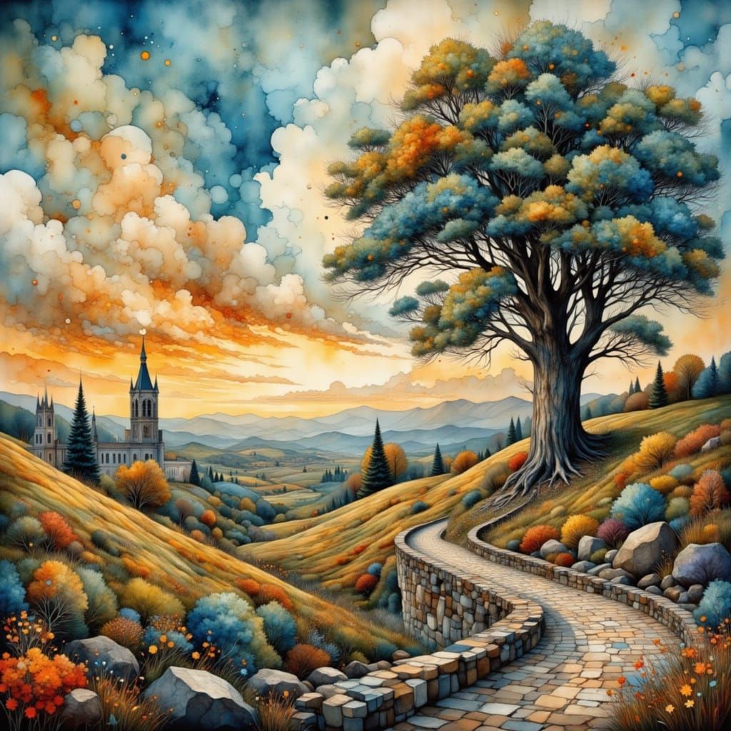 <lora:Earth and bricks:1.0><lora:Watercolor:1.0><lora:Flux -...