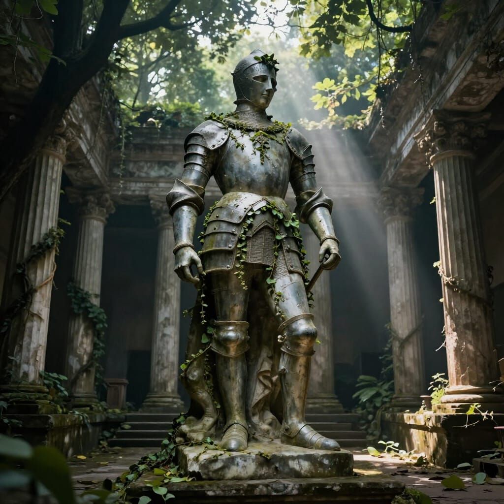 Majestic Knight Statue in Overgrown Temple Courtyard