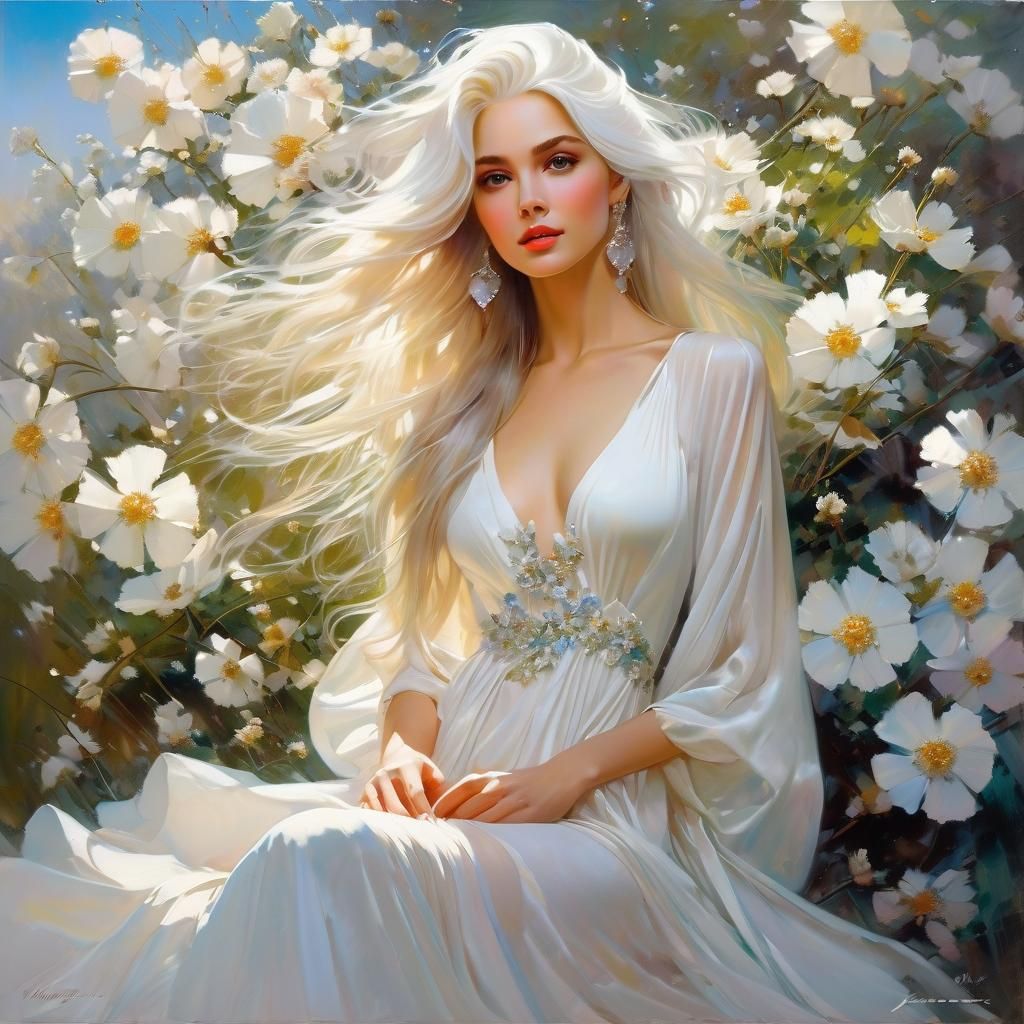 White-Haired Princess in Field of Flowers