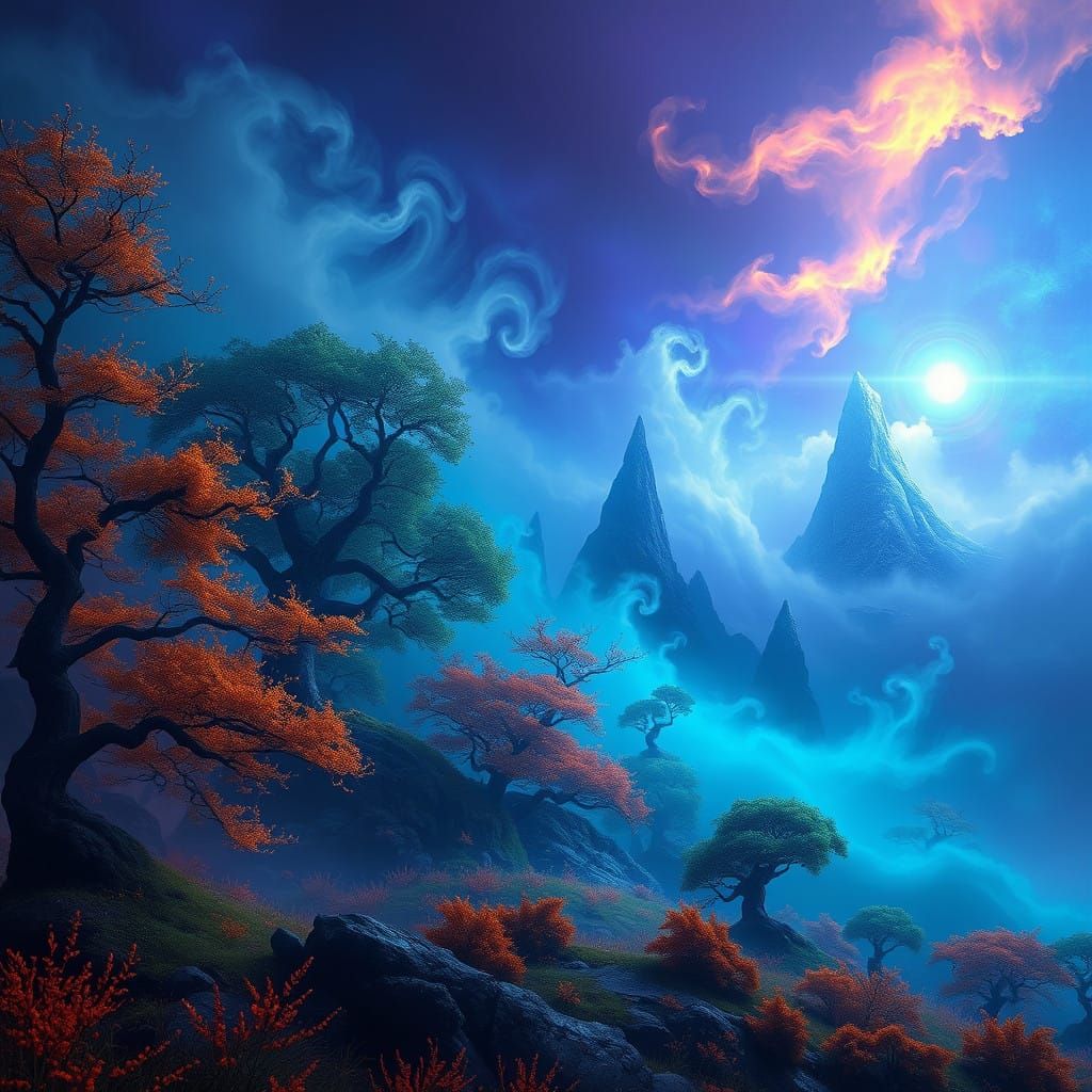Dreamlike Fantasy Landscape with Ethereal Trees and Glowing...