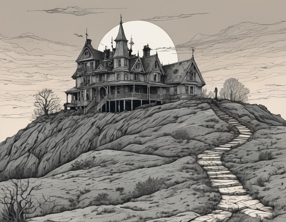 Surreal Haunted House Illustration in Pen and Ink