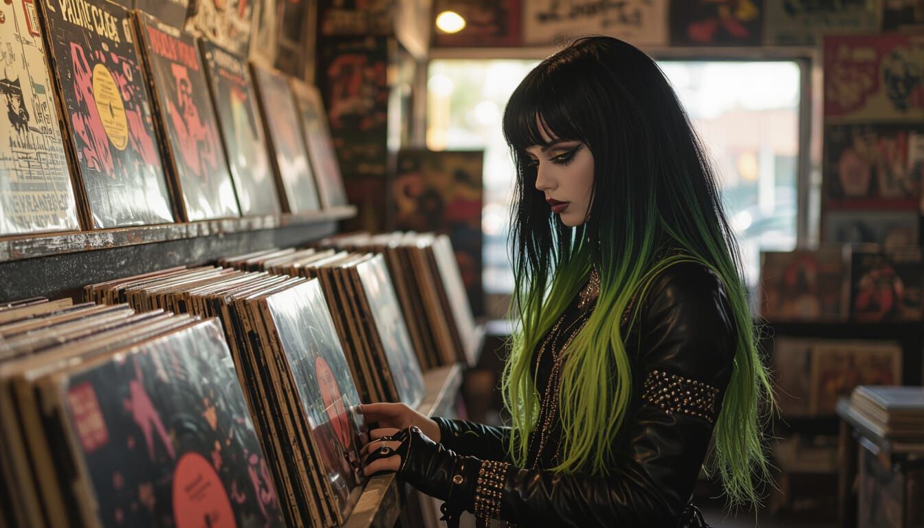 Goth Girl Browses Vinyl in Moody Music Shop