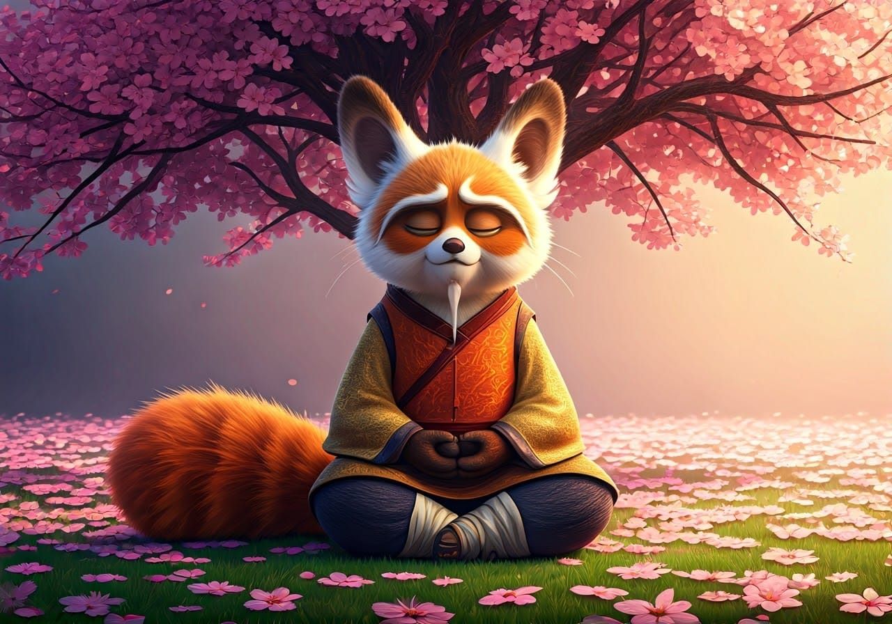Red Panda Master Meditates Under Cherry Blossoms