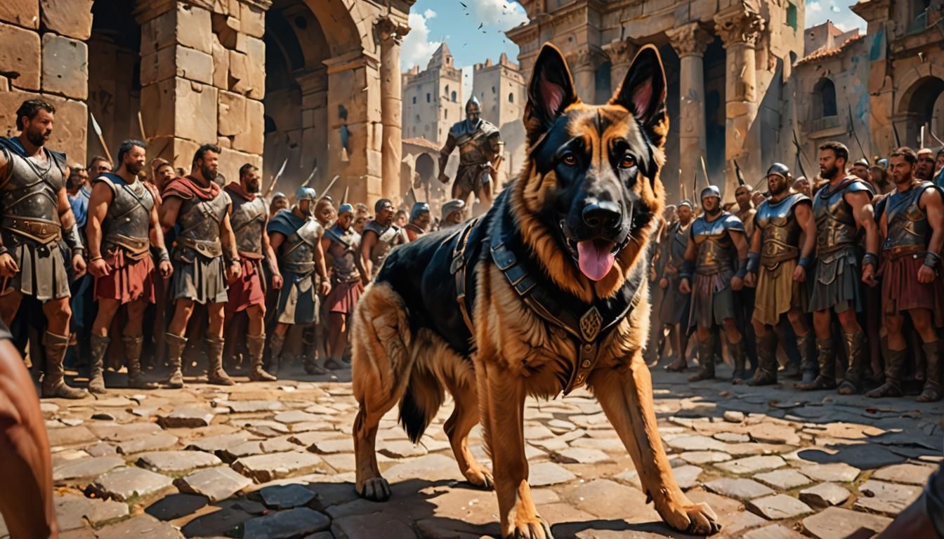 German Shepherd Gladiator in Arena: Digital Art